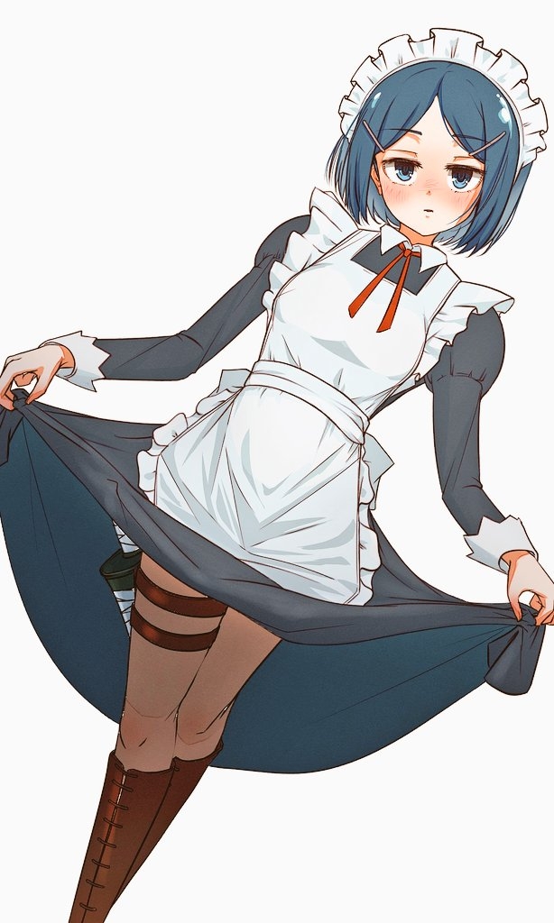 1girl, akatsuki_(akatsukinotsuki), black_dress, blue_eyes, blush, breasts, brown_footwear, clay_(dungeon_people), clothes_lift, commentary, dress, dungeon_people, grey_hair, knife, lifting_own_clothes, long_sleeves, looking_at_viewer, maid, short_hair, skirt, skirt_lift, small_breasts, solo, thigh_strap, white_background
