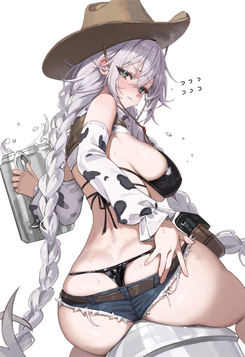 1girl, absurdres, animal_print, ass, azur_lane, bikini, black_bikini, blush, braid, breasts, closed_mouth, covered_erect_nipples, cow_print, cowboy_hat, cowboy_western, cowgirl_(western), cup, detached_sleeves, eyelashes, fargo_(azur_lane), fargo_(dairy_in_the_dreary_sun)_(azur_lane), fingernails, flying_sweatdrops, freng, green_eyes, gun, hair_between_eyes, hat, highres, holding, holster, holstered, long_hair, looking_at_viewer, looking_back, mechanical_bull, milk, official_alternate_costume, oversized_object, sideboob, simple_background, skindentation, solo, sweat, swimsuit, thong, thong_bikini, twintails, very_long_hair, weapon, whale_tail_(clothing), white_background, white_hair