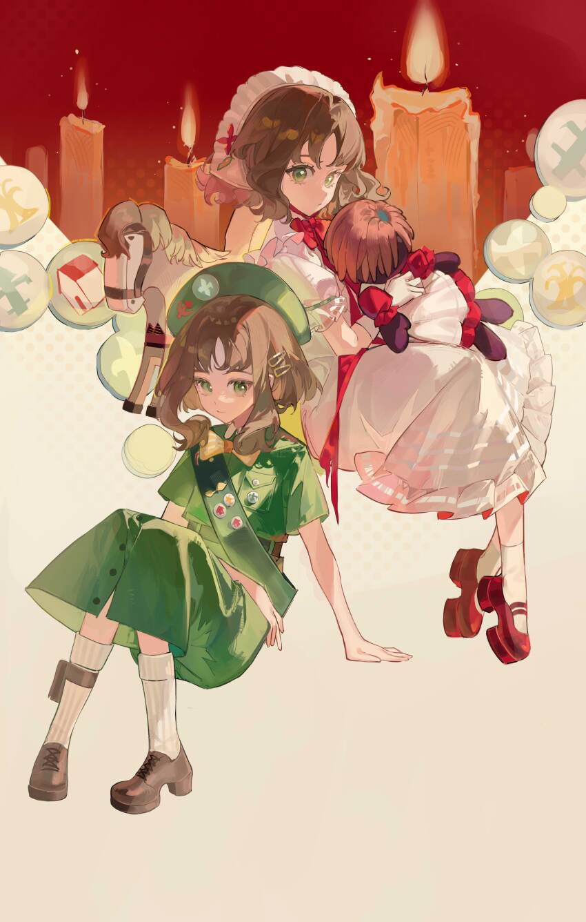 1girl, absurdres, arm_support, badge, beret, bow, bowtie, brown_footwear