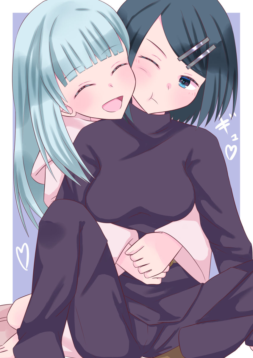 2girls, :d, absurdres, barefoot, belle_(dungeon_people), black_hair, black_shirt, blue_eyes, blush, breasts, clay_(dungeon_people), closed_eyes, dungeon_people, grey_hair, hair_ornament, hairclip, heart, highres, hug, hug_from_behind, kishiroki, long_sleeves, medium_breasts, multiple_girls, open_mouth, pink_robe, robe, shirt, sitting, smile, yuri