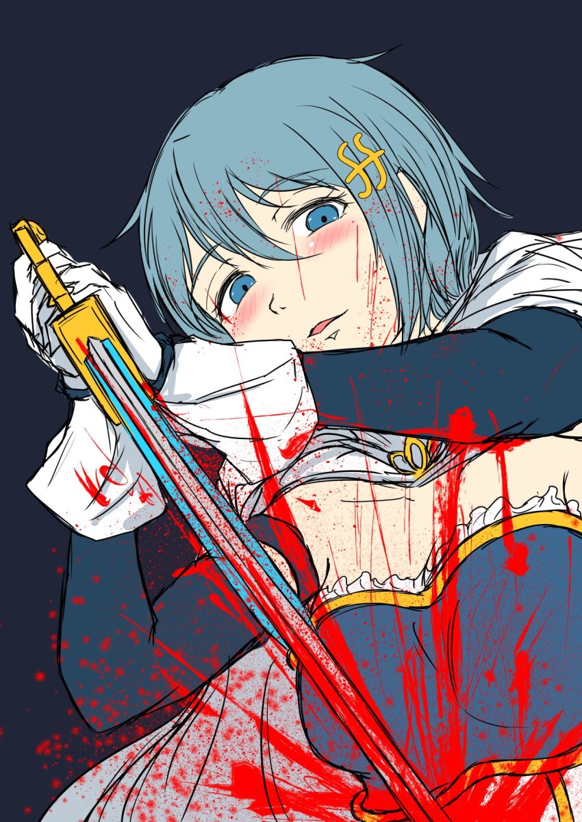 1girl, arm_strap, blood, blood_on_clothes, blood_splatter, blood_spray, blue_background, blue_eyes