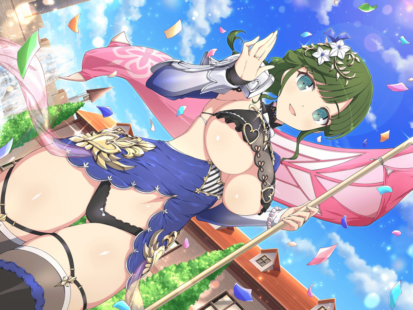 1girl, aqua_eyes, armor, black_panties, blue_dress, blush, bracelet, braid