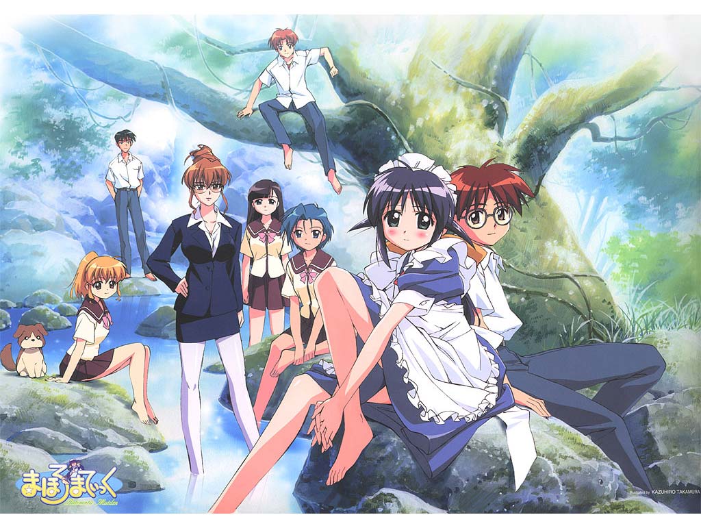 andou_mahoro, blonde_hair, blue_hair, brown_hair, glasses, green_eyes, hamaguchi_toshiya, kawahara_kiyomi