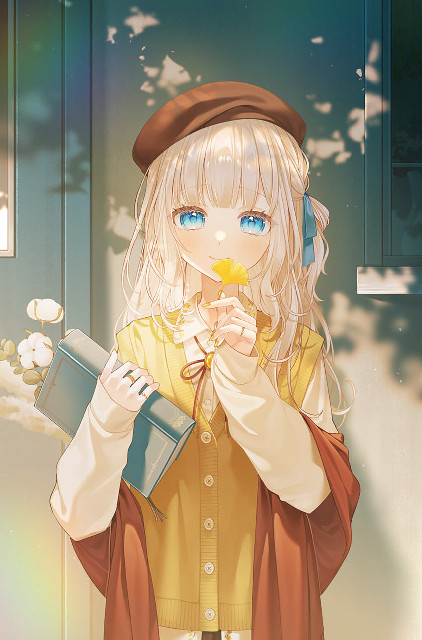 1girl, autumn, beret, blonde_hair, blue_eyes, blue_ribbon, blunt_bangs, book