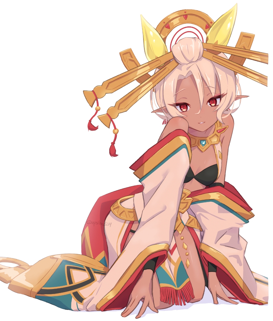 1girl, all_fours, bandeau, detached_sleeves, elf, grey_hair, headpiece, nephi=nera