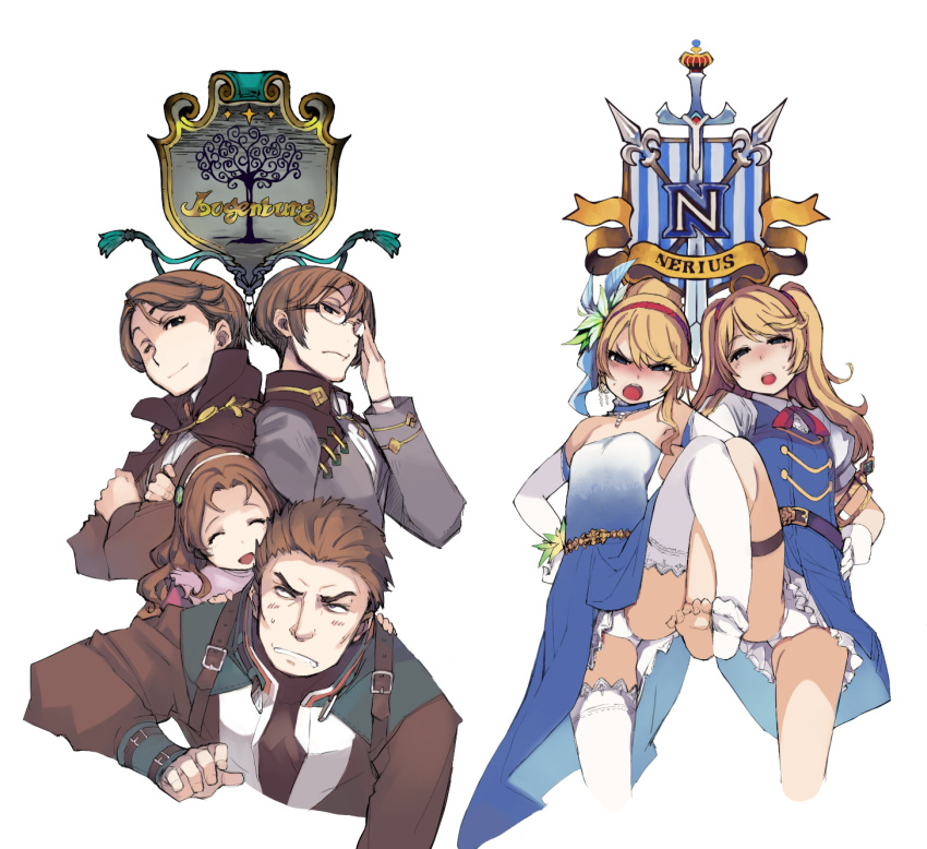 3boys, 3girls, adjusting_eyewear, agnes_lugenburg, barefoot, belt, black_belt, black_eyes, blonde_hair, blue_dress, blue_eyes, blush, bow, bowtie, brown_capelet, brown_hair, brown_shirt, capelet, closed_eyes, collared_shirt, commentary_request, dress, emblem, flat_chest, foot_out_of_frame, glasses, gloves, grey_shirt, hairband, half-closed_eyes, helmut_lugenburg, highres, intertwined_legs, long_hair, long_sleeves, looking_at_another, looking_at_viewer, meyer_lugenburg, mil_(xration), multiple_boys, multiple_girls, nose_blush, one_eye_closed, open_mouth, panties, pinafore_dress, polearm, ragnarok_online, red_bow, red_bowtie, shaded_face, shirt, short_bangs, short_hair, siblings, simple_background, sisters, skia_nerius, sleeveless, sleeveless_dress, soles, spear, spica_nerius, strapless, strapless_dress, thighhighs, toes, twins, twintails, underwear, upper_body, v-shaped_eyebrows, vest, weapon, white_background, white_gloves, white_hairband, white_panties, white_shirt, white_thighhighs, white_vest, wolf_lugenburg