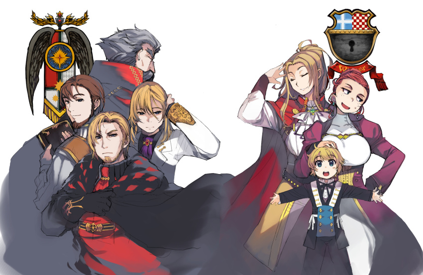 1girl, 6+boys, ascot, beard, black_cape, black_pants, black_shirt, blonde_hair