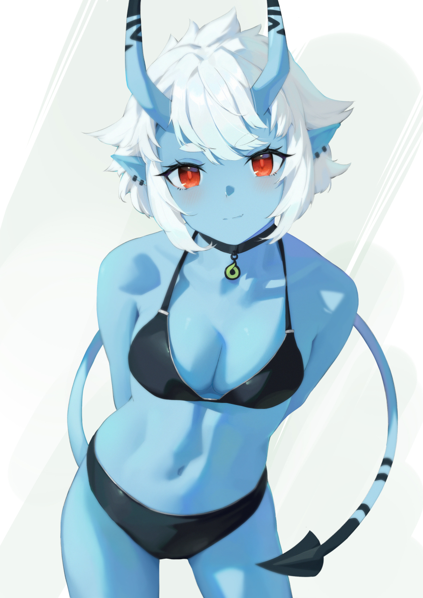 1girl, absurdres, bikini, black_bikini, blue_horns, blue_skin, breasts, closed_mouth, colored_skin, gravity-q, highres, horns, looking_at_viewer, medium_breasts, red_eyes, short_hair, smile, solo, soukaku_(zenless_zone_zero), swimsuit, white_hair, zenless_zone_zero