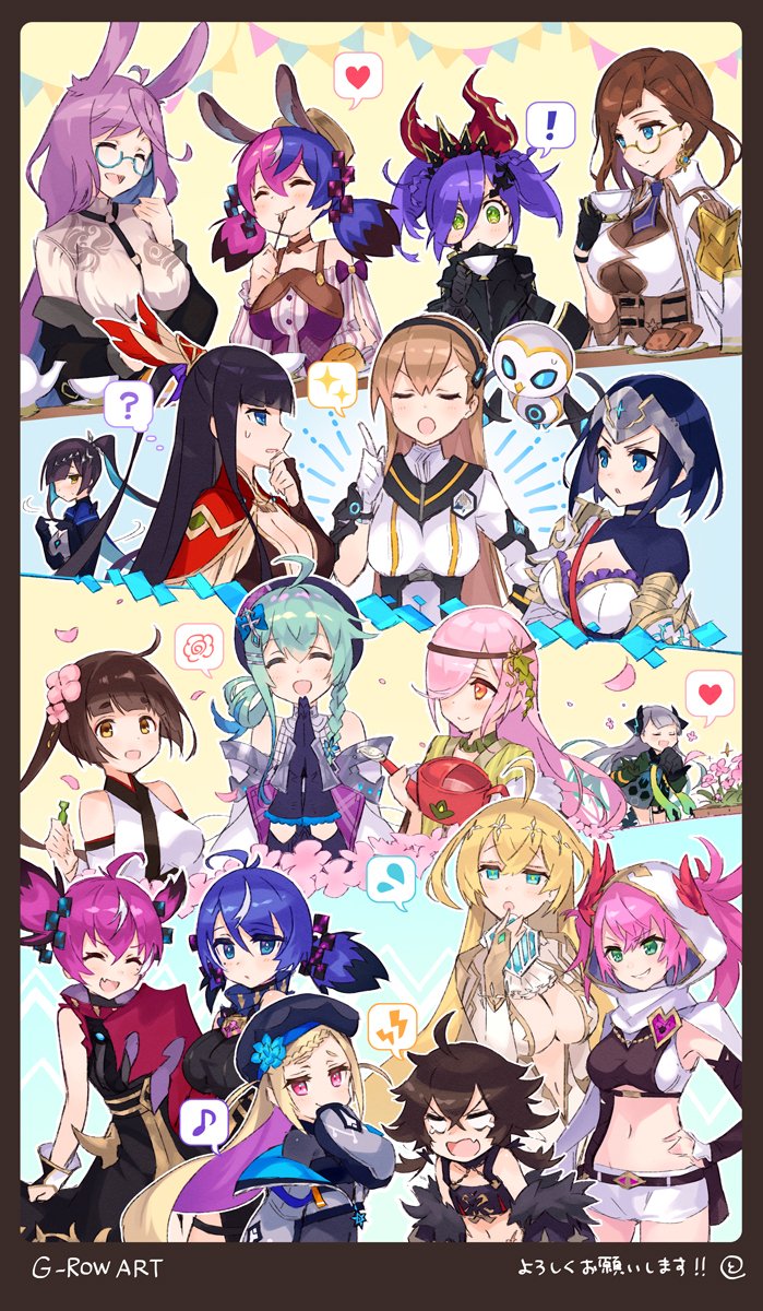 6+girls, :o, ?, ahoge, animal_ears, aqua-framed_eyewear, aqua_eyes, aqua_hair, azusa_yumi_(phantom_of_the_kill), bare_shoulders, belt, between_breasts, black_belt, black_hair, blonde_hair, blue_eyes, blue_hair, blunt_bangs, bob_cut, bow, braid, breasts, brown_hair, cleavage, closed_eyes, closed_mouth, colored_inner_hair, corset, covering_own_mouth, cowboy_shot, crossed_bangs, cup, detached_sleeves, fang, flower, forehead_protector, fork, freikugel, glasses, gloves, green_eyes, hair_between_eyes, hair_flower, hair_ornament, hair_over_one_eye, hanamaru, hat, heart, highres, holding, holding_cup, holding_fork, ila_(ta_ga_tame_no_alchemist), large_breasts, long_hair, looking_at_another, medium_breasts, medium_hair, midriff, mistilteinn_(phantom_of_the_kill), multicolored_hair, multiple_girls, murgleys_(phantom_of_the_kill), official_art, open_mouth, petals, phantom_of_the_kill, pink_eyes, pink_flower, pink_hair, pink_petals, ponytail, priscilla_(ta_ga_tame_no_alchemist), purple_bow, purple_hair, robot, seida_(ta_ga_tame_no_alchemist), shorts, signature, smile, solomon_(phantom_of_the_kill), speech_bubble, suiha_(phantom_of_the_kill), sweatdrop, ta_ga_tame_no_alchemist, tearing_up, tiphereth_(phantom_of_the_kill), to_maru, twintails, two-tone_hair, upper_body, vanargand_(phantom_of_the_kill), watering_can, white_gloves, white_shorts, yata_no_kagami_(phantom_of_the_kill), yellow_eyes