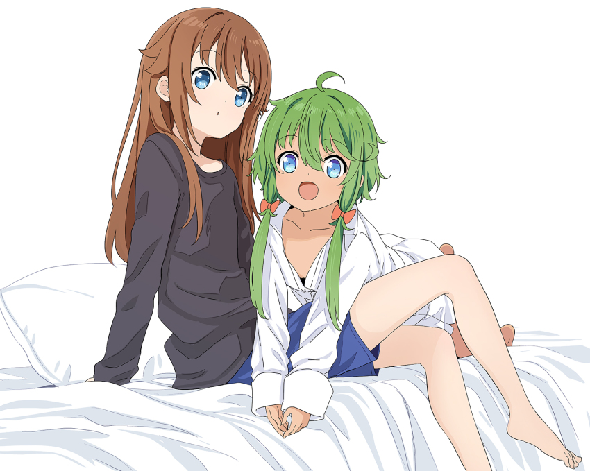 2girls, abe_kanari, ahoge, alternate_costume, bed, black_sweater, blue_eyes, blue_skirt