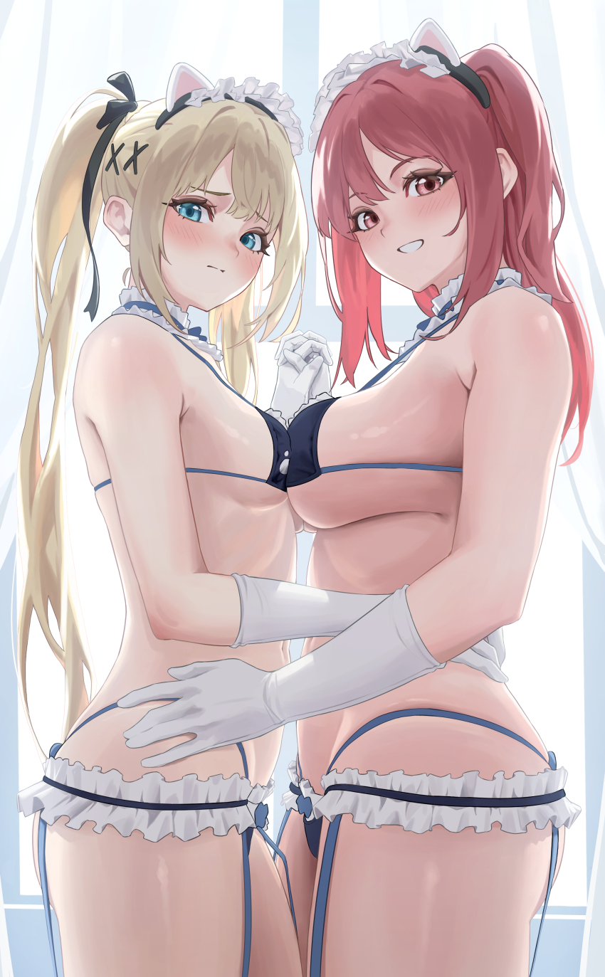 2girls, absurdres, animal_ears, bare_shoulders, bikini, blonde_hair, blue_eyes, blush, breasts, cat_ears, closed_mouth, commentary, day, dead_or_alive, dead_or_alive_5, dead_or_alive_xtreme, dead_or_alive_xtreme_venus_vacation, detached_collar, elbow_gloves, embarrassed, fake_animal_ears, frills, from_side, garter_straps, gloves, hair_ornament, highres, hoki1314, holding_hands, honoka_(doa), indoors, interlocked_fingers, long_hair, looking_at_viewer, maid, maid_bikini, maid_headdress, marie_rose, medium_breasts, multiple_girls, parted_lips, pink_hair, red_eyes, small_breasts, swimsuit, thighs, twintails, unconventional_maid, window, x_hair_ornament