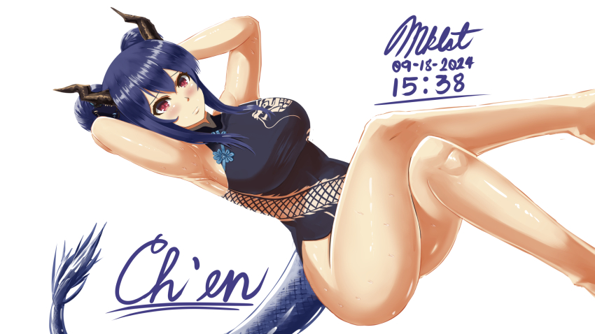 1girl, alternate_costume, arknights, armpits, arms_behind_head, arms_up, artist_name, bare_shoulders