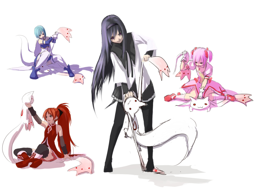 10s, 4girls, akemi_homura, akemi_homura_(magical_girl), animal_abuse, black_hair, black_pantyhose, black_thighhighs