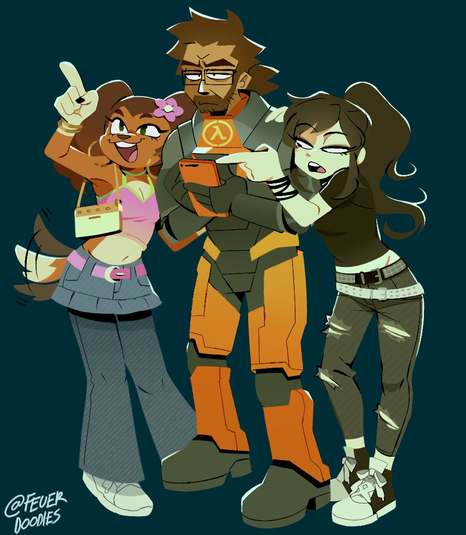 1boy, 2girls, animal_ears, bag, beard, belt, black_hair, breasts, cellphone, class_of_09, cleavage, commentary, crossover, dachshund, denim, dog_ears, dog_girl, dog_tail, emo_fashion, english_commentary, facial_hair, fever_el_cacas, flower, furry, furry_female, glasses, gordon_freeman, green_eyes, hair_flower, hair_ornament, half-life, half-life_(series), half-life_2, half-life_vr_but_the_ai_is_self-aware, handbag, holding, holding_phone, jeans, littlest_pet_shop, littlest_pet_shop:_popular, long_hair, lps_dachshund_675, midriff, multiple_belts, multiple_crossover, multiple_girls, navel, nicole_(class_of_09), pants, personification, phone, ponytail, savannah_reed, skirt, smartphone, standing, tail, tail_wagging, y2k_fashion