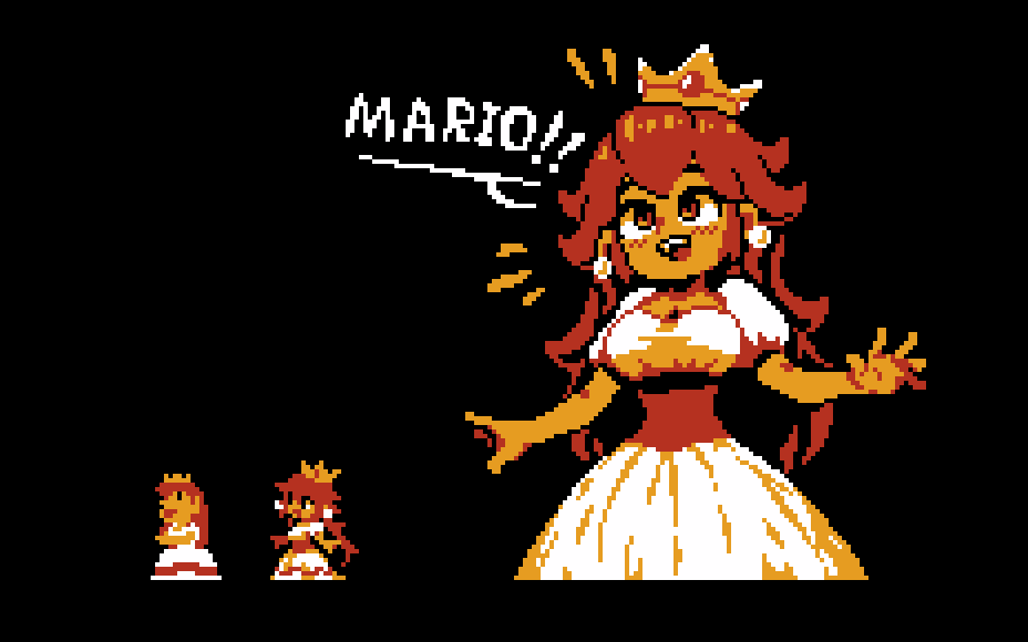1girl, 8-bit, black_background, breasts, cleavage, colored_skin, comparison, crown, derivative_work, dress, earrings, english_text, gold_crown, jewelry, mario_(series), meme, mushroom_earrings, neamosub, nintendo, official_alternate_color, orange_skin, pixel_art, princess_peach, princess_toadstool_redraw_(meme), puffy_short_sleeves, puffy_sleeves, reference_inset, short_sleeves, sphere_earrings, sprite, sprite_art, sprite_redraw, super_mario_bros._1, white_dress