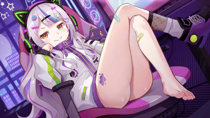 1girl, absurdres, animal_ear_headphones, animal_ears, barefoot, blush, cat_ear_headphones, cat_ears, chair, crossed_legs, fake_animal_ears, feet, gaming_chair, grey_hair, headphones, highres, hololive, long_hair, looking_at_viewer, multicolored_hair, murasaki_shion, murasaki_shion_(8th_costume), shoes, single_shoe, smile, streaked_hair, swivel_chair, toes, virtual_youtuber, yoshikawa_hiro