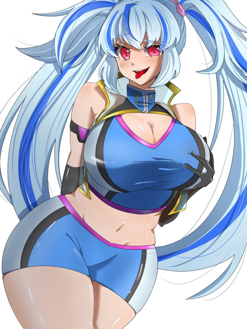 black_gloves, blue_hair, bow, breasts, cleavage, gloves, grabbing_own_breast, gundam