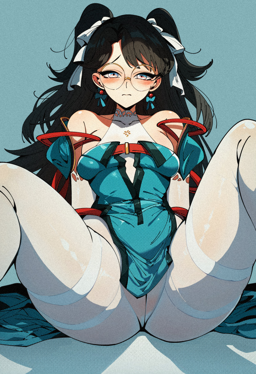 1girl, absurdres, aqua_background, aqua_dress, bare_shoulders, blush, bow, breasts, brown_hair, cameltoe, closed_mouth, commentary, covered_collarbone, dress, drop_shadow, earrings, embarrassed, feet_out_of_frame, film_grain, glasses, hair_bow, heavy_film_grain, highres, jewelry, long_hair, looking_at_viewer, medium_breasts, multiple_hair_bows, pantyhose, pink_eyes, round_eyewear, sitting, solo, spread_legs, twintails, very_long_hair, wanlai_bu_shiman, white_bow, white_pantyhose, wuthering_waves, yellow-framed_eyewear, zhezhi_(wuthering_waves)
