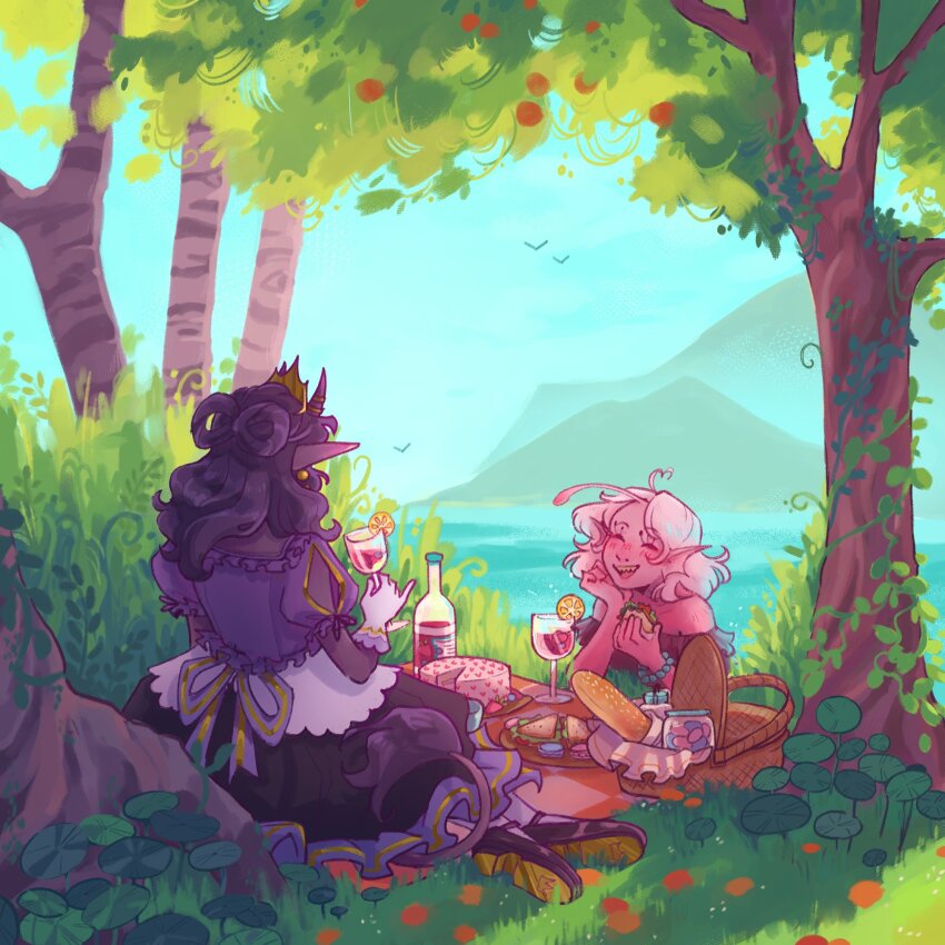 2girls, ahoge, alcohol, anglerfish, black_hair, black_skin, blouse, bow-shaped_hair, bread, cake, colored_skin, commentary, cup, drinking_glass, english_commentary, fins, fish, food, formal_clothes, grass, head_fins, heart, heart_ahoge, highres, holding, horns, leaf, long_hair, medium_hair, mermaid, minecraft_youtube, monster_girl, multiple_girls, nature, nihachu, origins_smp, outdoors, painstarrr, pink_hair, pink_skin, pointy_ears, princess, ranboo, ranboo_(enderian), red_wine, ribbon, sandwich, shirt, shoes, skirt, sky, tail, tiara, tree, water, wine, wine_glass