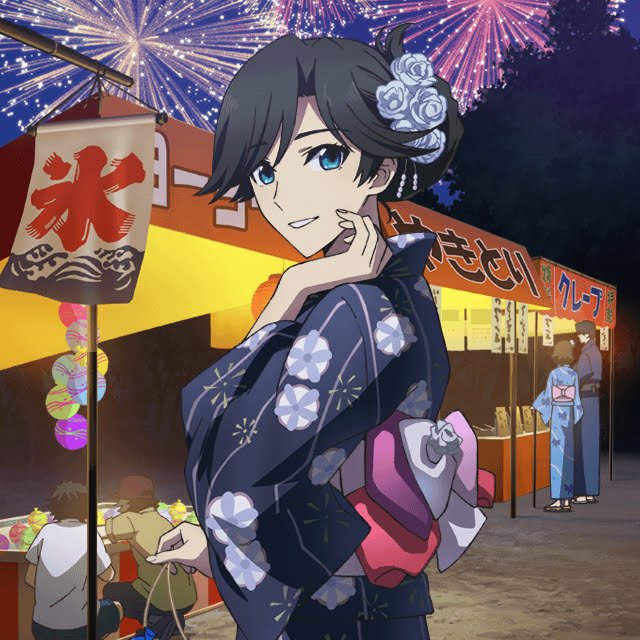 1girl, blue_eyes, fireworks, from_side, fujibayashi_kyouko, japanese_clothes, jpeg_artifacts, kimono