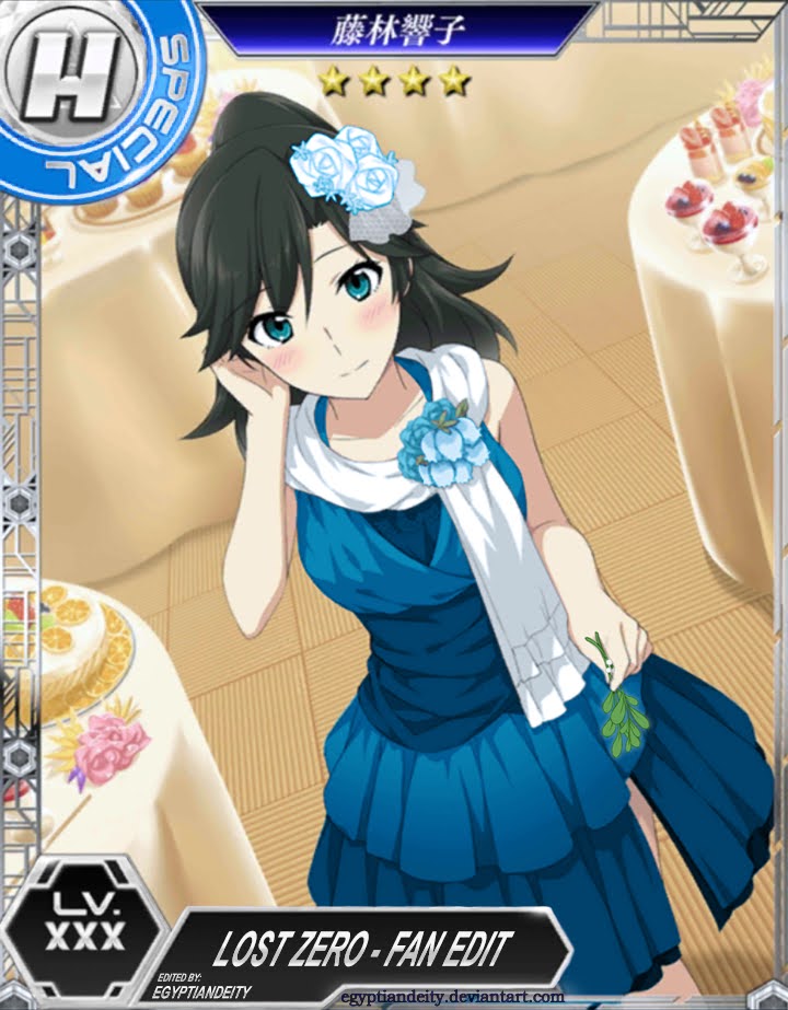 black_hair, blue_dress, dress, hair_flower, from_front, fujibayashi_kyouko, hair_ornament, indoors, jpeg_artifacts, mahouka_koukou_no_rettousei, non-web_source, scarf, standing, third-party_edit