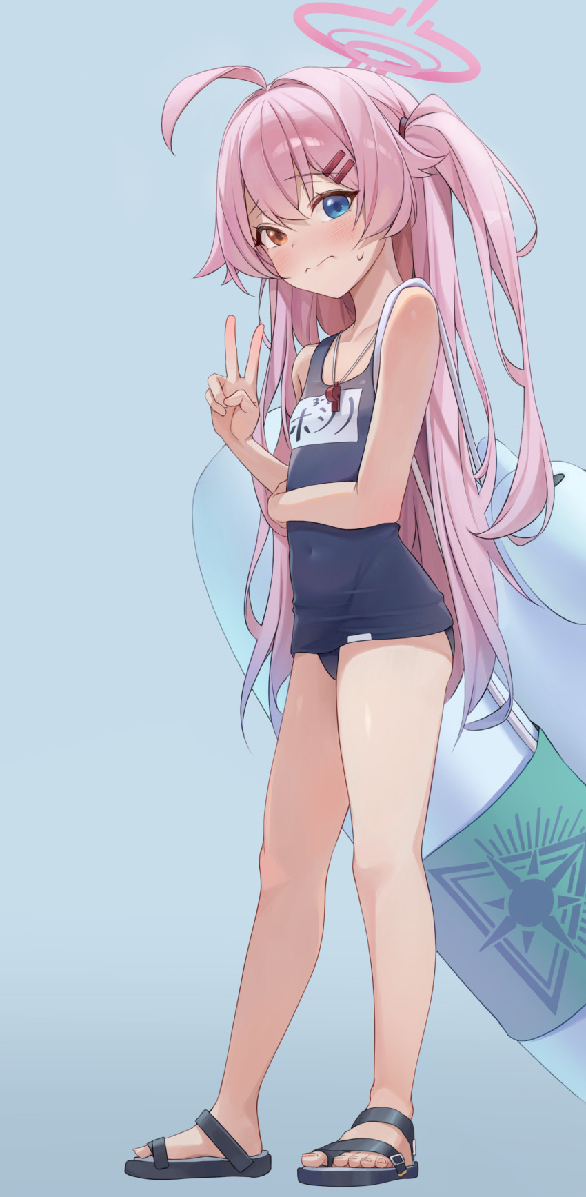 1girl, absurdres, ahoge, black_one-piece_swimsuit, black_sandals, blue_archive, blue_eyes, blush
