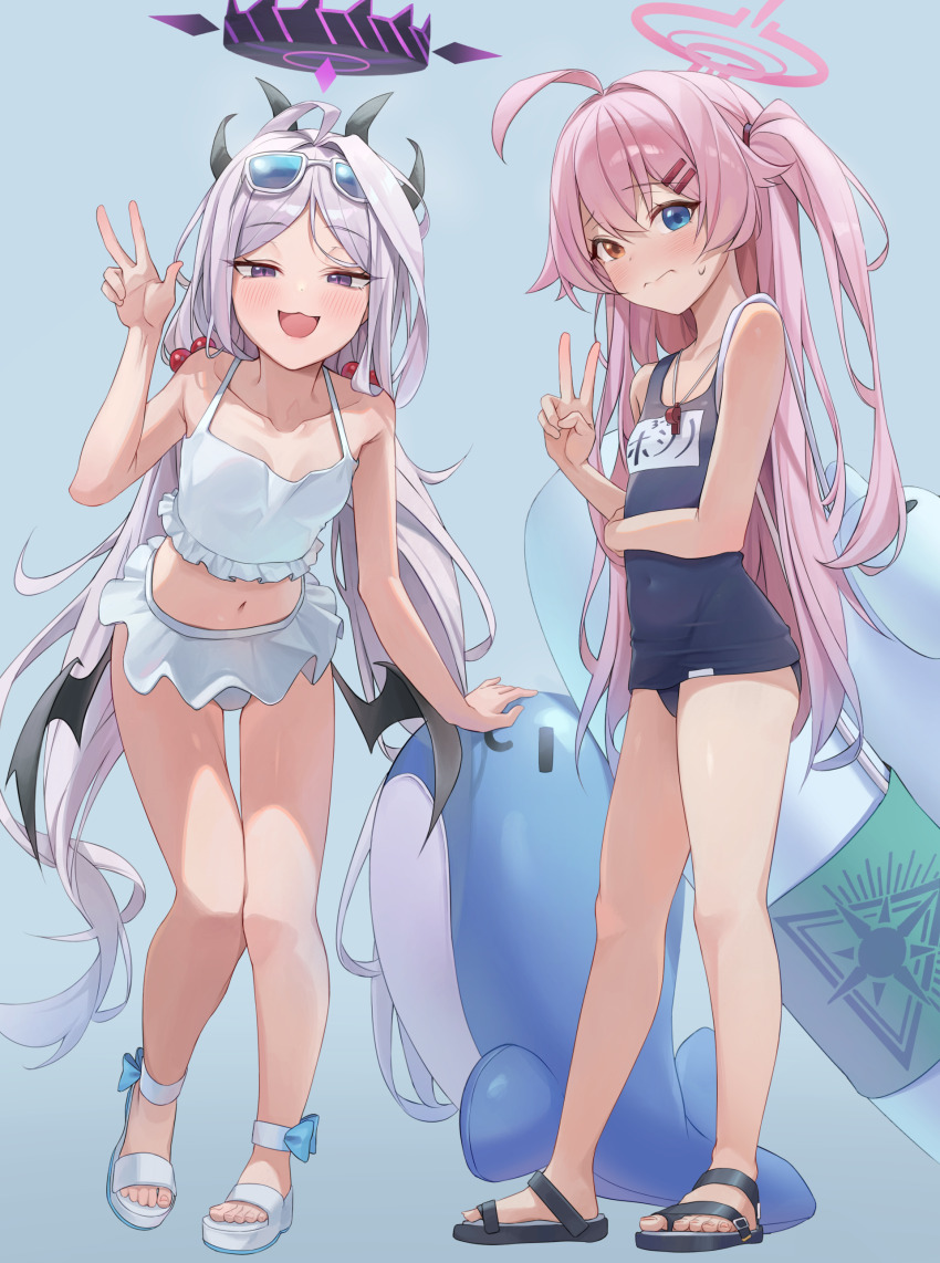 2girls, :3, :d, absurdres, ahoge, bare_shoulders, bikini, bikini_skirt, black_footwear, black_one-piece_swimsuit, blue_archive, blue_eyes, blush, breasts, closed_mouth, collarbone, commentary_request, cosplay, costume_switch, covered_navel, demon_girl, demon_horns, demon_wings, eyewear_on_head, full_body, grey_eyes, hair_bobbles, hair_ornament, halo, heterochromia, highres, hina_(blue_archive), hina_(blue_archive)_(cosplay), hina_(swimsuit)_(blue_archive), horns, hoshino_(blue_archive), hoshino_(blue_archive)_(cosplay), hoshino_(swimsuit)_(blue_archive), inflatable_toy, inflatable_whale, innertube, long_hair, looking_at_viewer, low_wings, midriff, multiple_girls, multiple_horns, name_tag, navel, old_school_swimsuit, one-piece_swimsuit, open_mouth, pink_hair, pink_halo, purple_eyes, sandals, school_swimsuit, simple_background, small_breasts, smile, standing, sweatdrop, swim_ring, swimsuit, twintails, um_111, v, very_long_hair, w, whistle, whistle_around_neck, white_bikini, white_footwear, wings, yellow_eyes