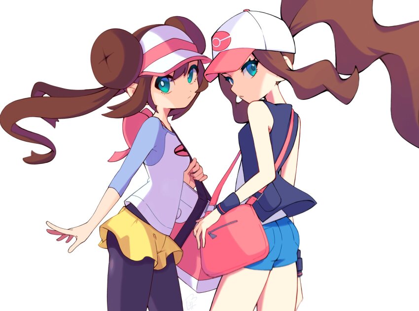 2girls, aqua_eyes, bag, black_pantyhose, black_vest, blue_shorts, bright_pupils, brown_hair