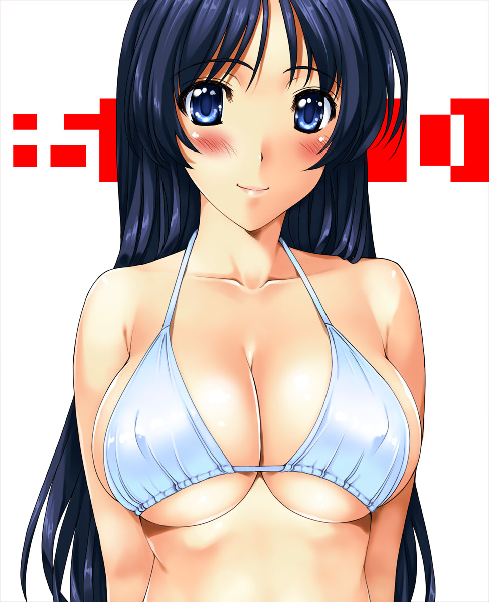 1girl, bad_id, bad_pixiv_id, bikini, bikini_top_only, blue_eyes, blue_hair, blush