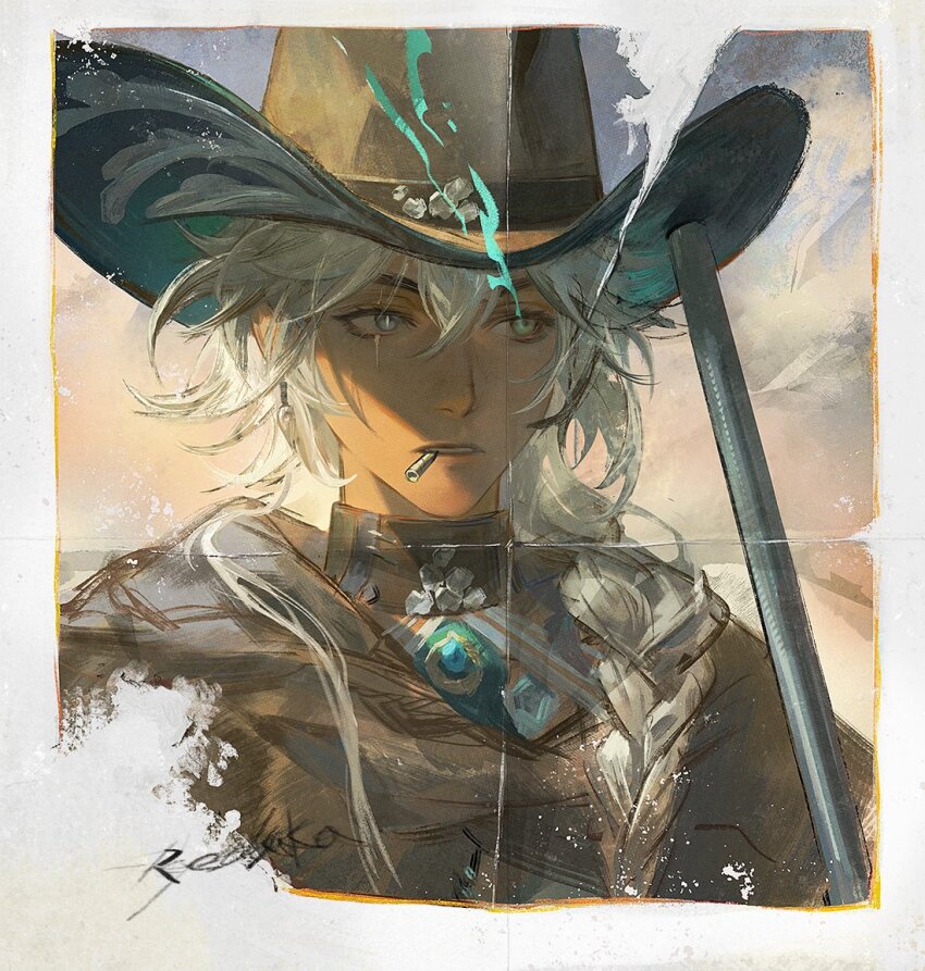 1girl, argus_(reverse:1999), blonde_hair, border, brown_cloak, brown_hat, cloak, cowboy_hat