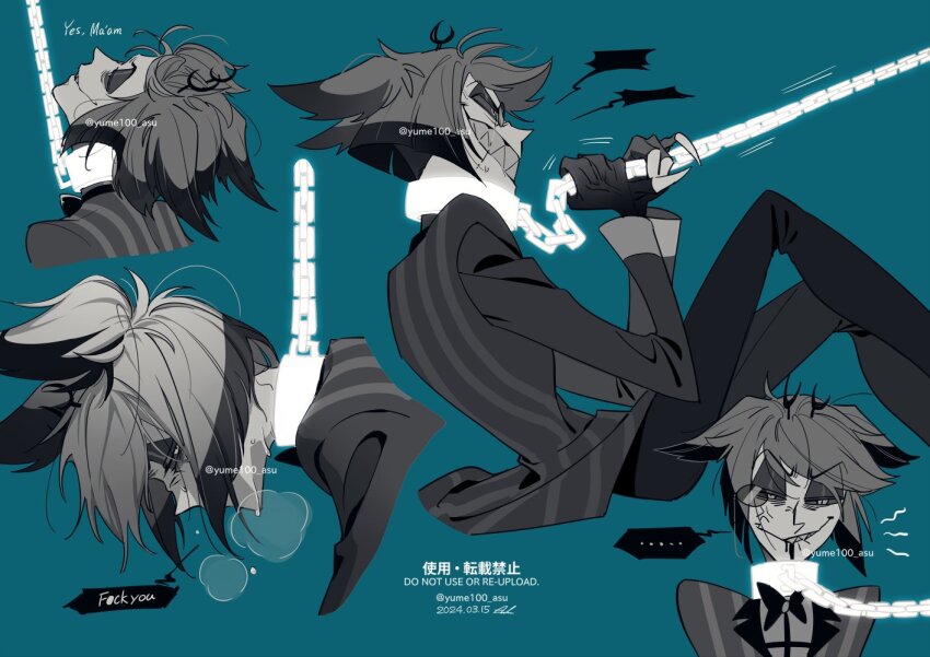 ..., 1boy, alastor_(hazbin_hotel), anger_vein, animal_ears, antlers, biting_own_lip, blood