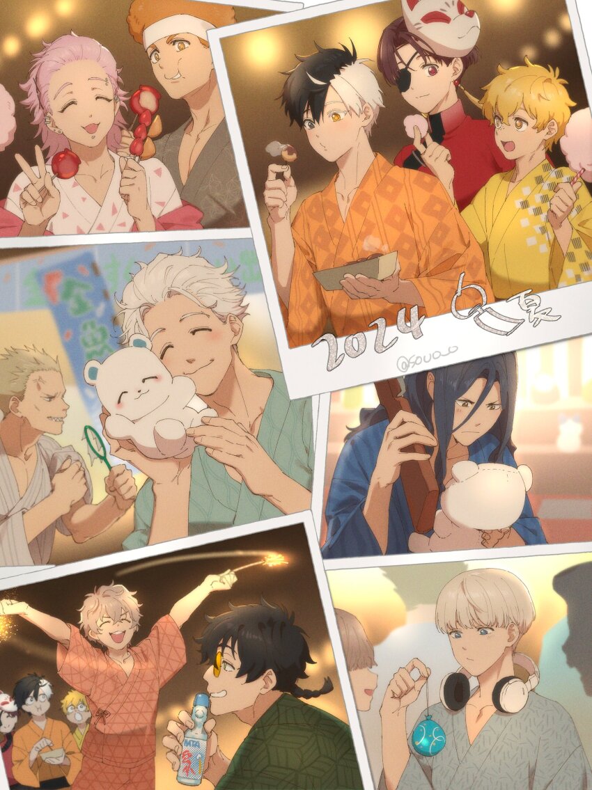 2024, 6+boys, afro, black_hair, blonde_hair, bottle, brown_hair, candy_apple