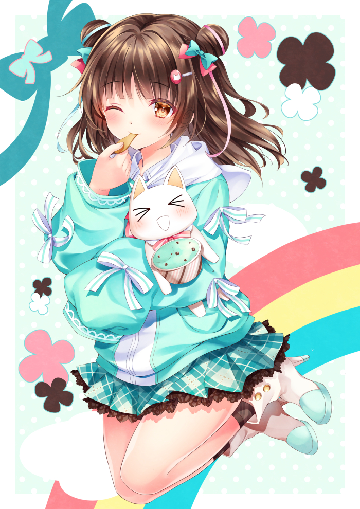 1girl, blue_bow, blue_jacket, blue_skirt, boots, bow, brown_eyes, brown_hair