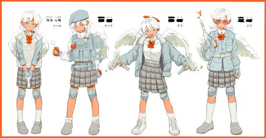 4girls, absurdres, angel_wings, beret, blue_jacket, bow, bulletproof_vest, explosive