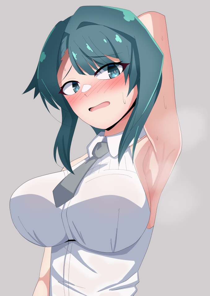 1girl, aizawa_kazuha, arm_at_side, arm_behind_head, arm_up, armpits, assault_lily, asymmetrical_hair, bare_arms, bare_shoulders, black_necktie, blue_eyes, blue_hair, blush, breasts, collared_shirt, commentary_request, embarrassed, grey_background, ishitsuma_canon, large_breasts, looking_at_viewer, medium_hair, necktie, nose_blush, official_alternate_costume, parted_lips, presenting_armpit, raised_eyebrows, shirt, sideboob, simple_background, sleeveless, sleeveless_shirt, solo, steaming_body, sweat, upper_body, wet, wet_clothes, wet_shirt, white_shirt