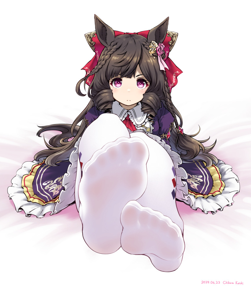 1girl, absurdres, animal_ears, bow, braid, brown_hair, curly_hair, daiichi_ruby_(brilliant_red_gemstone)_(umamusume), daiichi_ruby_(umamusume), dress, expressionless, feet, foot_focus, hair_bow, highres, horse_ears, horse_girl, koishi_chikasa, legs, long_hair, looking_at_viewer, no_shoes, pantyhose, pink_eyes, purple_dress, ribbon, sitting, soles, solo, toes, umamusume, very_long_hair, white_pantyhose