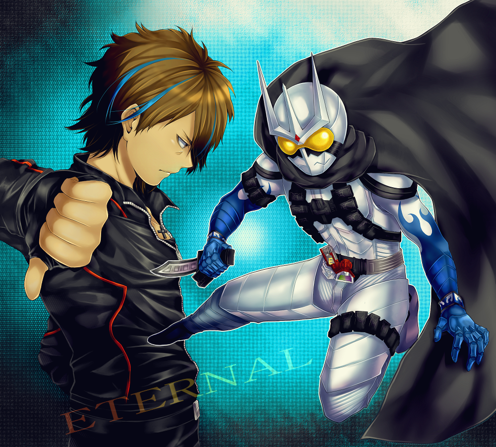 2boys, belt, cape, daido_katsumi, kamen_rider, kamen_rider_eternal, kamen_rider_w, knife, multiple_boys, teketo, thumbs_down, weapon