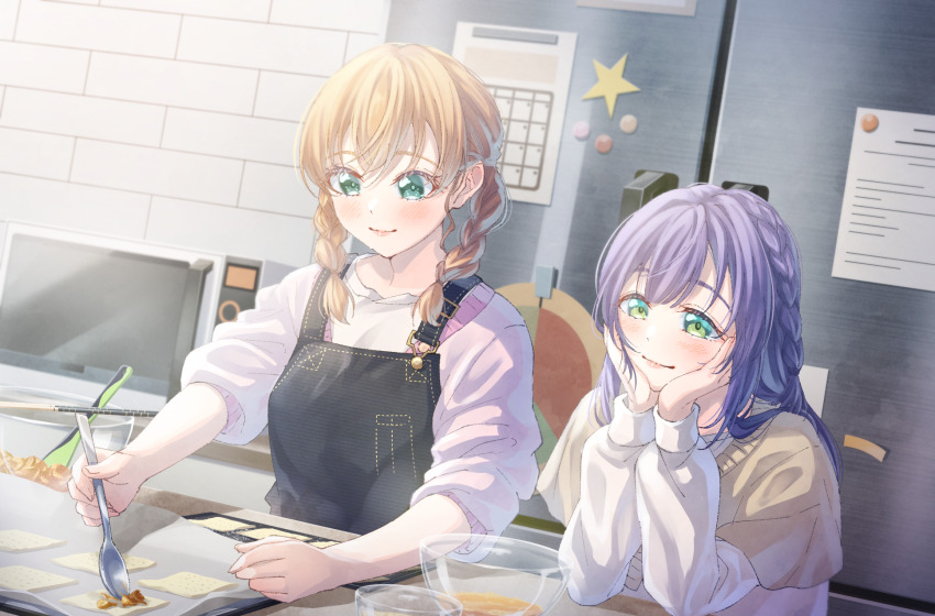 2girls, aqua_eyes, baking, baking_sheet, black_overalls, blush, bowl, braid