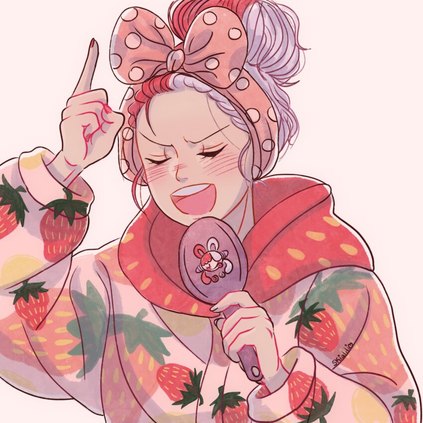 1girl, artist_name, blush, closed_eyes, commentary, food_print, fruit_print, hair_bun