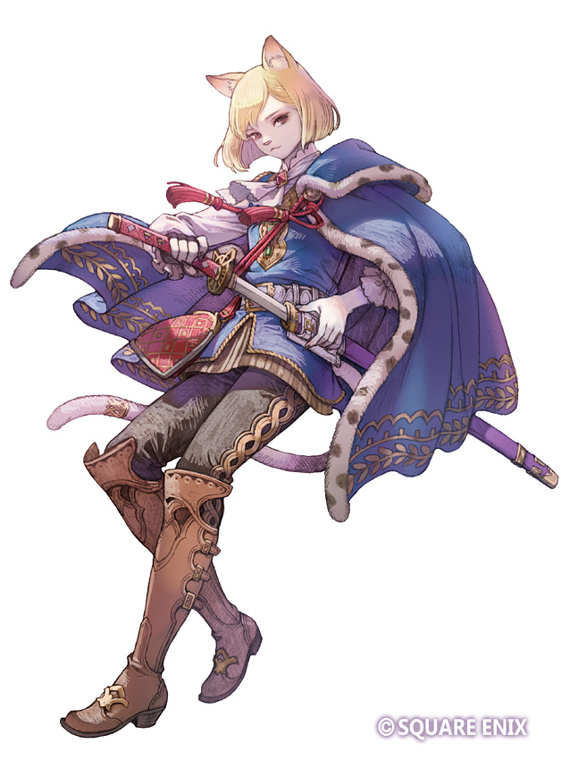 1boy, ascot, black_pants, blonde_hair, blue_cape, boots, brown_boots, cape, closed_mouth, colored_skin, commentary_request, full_body, furry, furry_male, haccan, holding, holding_sword, holding_weapon, male_focus, morley_(visions_of_mana), pants, parted_bangs, seiken_densetsu, simple_background, solo, sword, tassel, visions_of_mana, weapon, white_ascot, white_background, white_skin