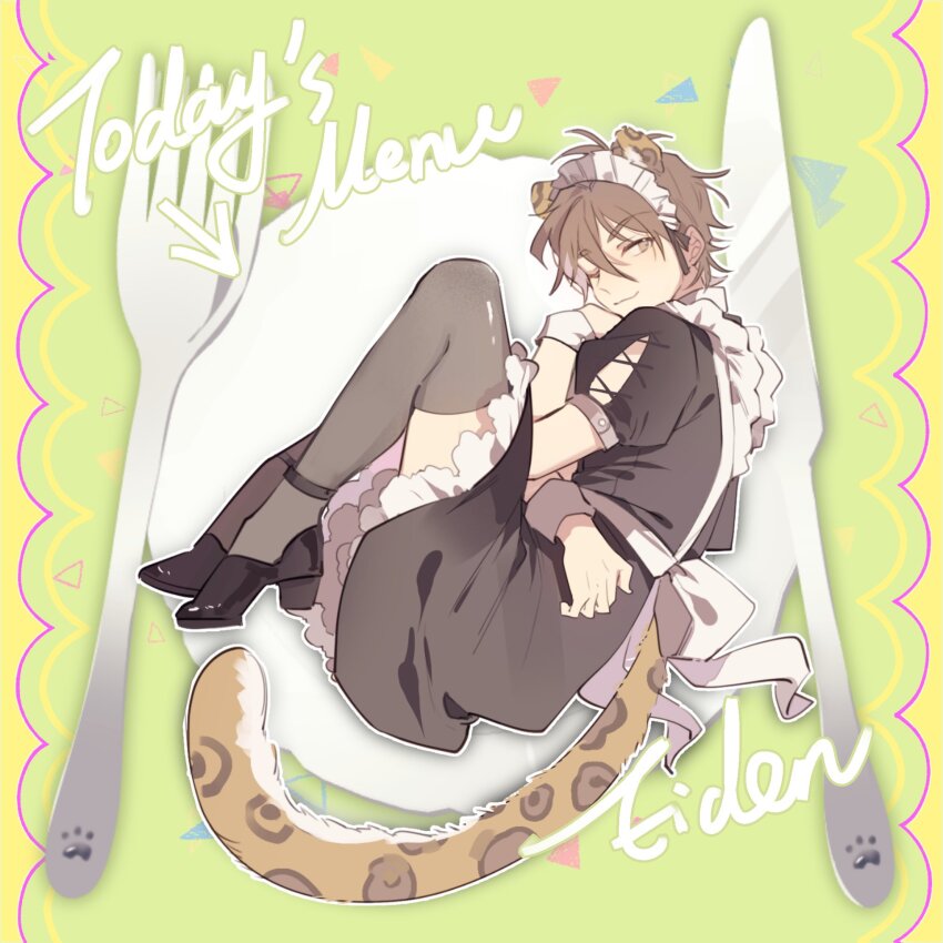 1boy, animal_ears, apron, arm_across_waist, arm_up, back_bow, black_dress, black_footwear