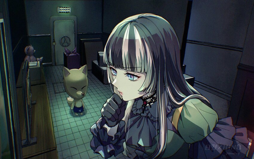 1boy, 1girl, animal_crossing, ascot, black_ascot, black_gloves, black_hair, blue_eyes