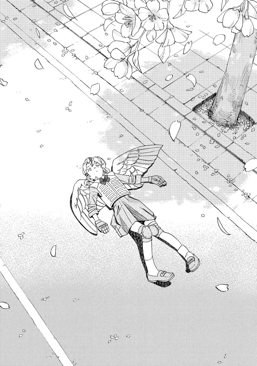 1girl, absurdres, angel, angel_wings, bulletproof_vest, falling_petals, fingerless_gloves, gloves