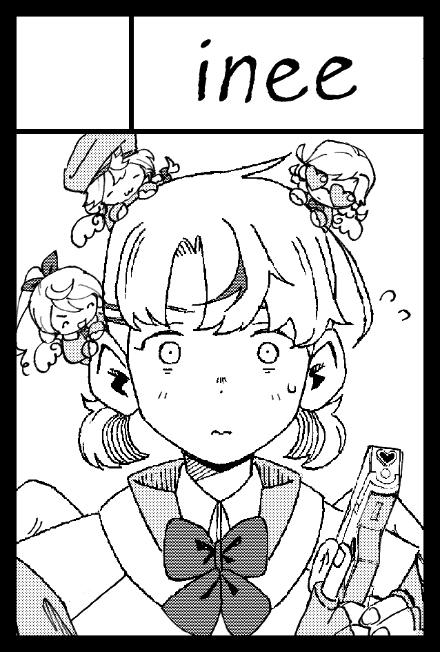 3:, 4girls, artist_name, chibi, facing_viewer, greyscale, gun, halftone