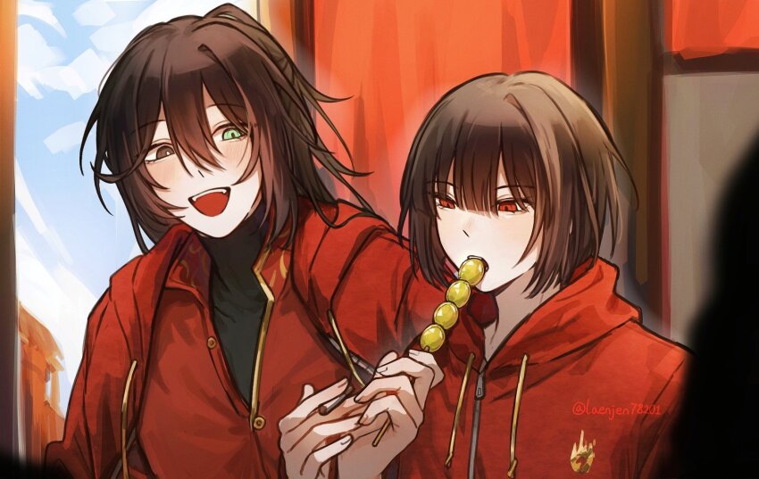 1boy, 1girl, black_eyes, black_hair, blue_eyes, cigarette, coat, feeding