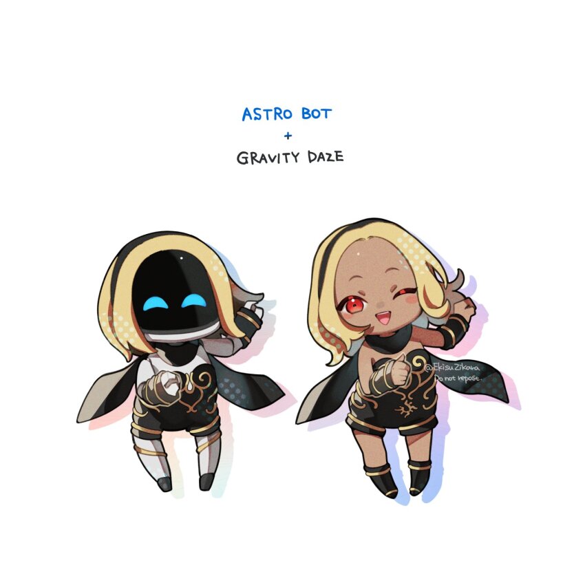 1girl, 1other, astro_bot_(series), black_scarf, blonde_hair, chibi, cosplay, dancing