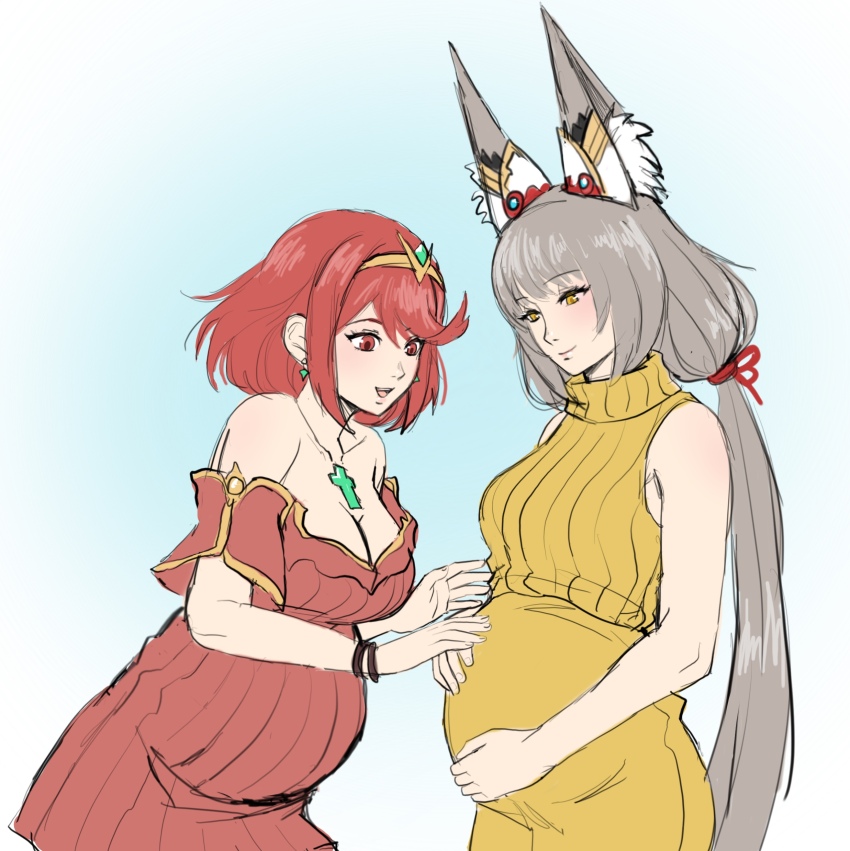 2girls, absurdres, alternate_costume, animal_ears, asymmetrical_bangs, blue_background, bob_cut, breasts, cat_ears, cleavage, core_crystal_(xenoblade), female_focus, highres, large_breasts, matching_hair/eyes, moonllita, multiple_girls, nia_(xenoblade), pregnant, pyra_(xenoblade), red_eyes, red_hair, short_hair, side_bangs, simple_background, xenoblade_chronicles_(series), xenoblade_chronicles_2, yellow_eyes