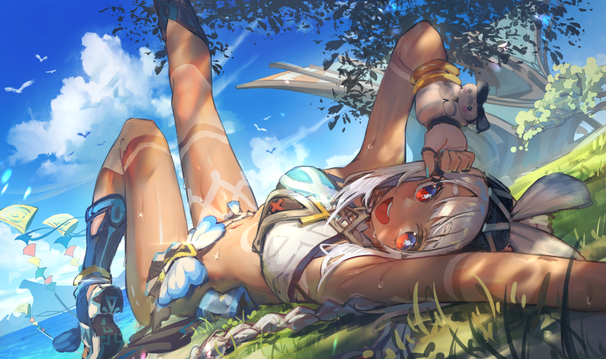 1girl, absurdres, black_hairband, blue_footwear, blue_nails, blue_sky, body_markings, bracelet