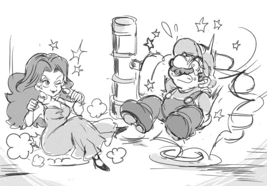 1boy, 1girl, agua_mp, annoyed, donkey_kong_(series), dress, earrings, facial_hair