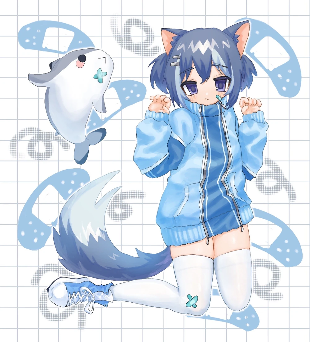1boy, animal_ears, bandaid, bandaid_on_face, bandaid_on_leg, blue_eyes, blue_hair, cat_ears